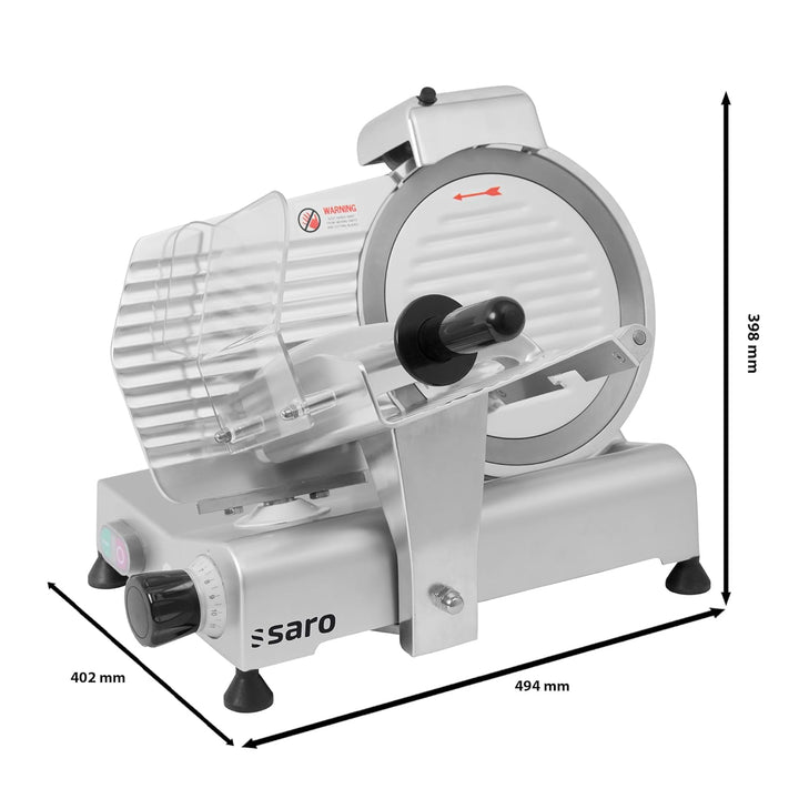 SARO Aufschnittmaschine – Ø 250 mm Klinge – Schnittstärke 0–11 mm – Mit Messerschärfer – Leichtmetal