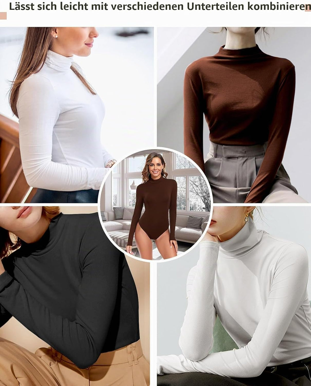 WOWENY Damen Body Langarm mit Stehkragen - Thermo Bodysuit Fleece Oberteile Shirts Rolli Pullover Ro
