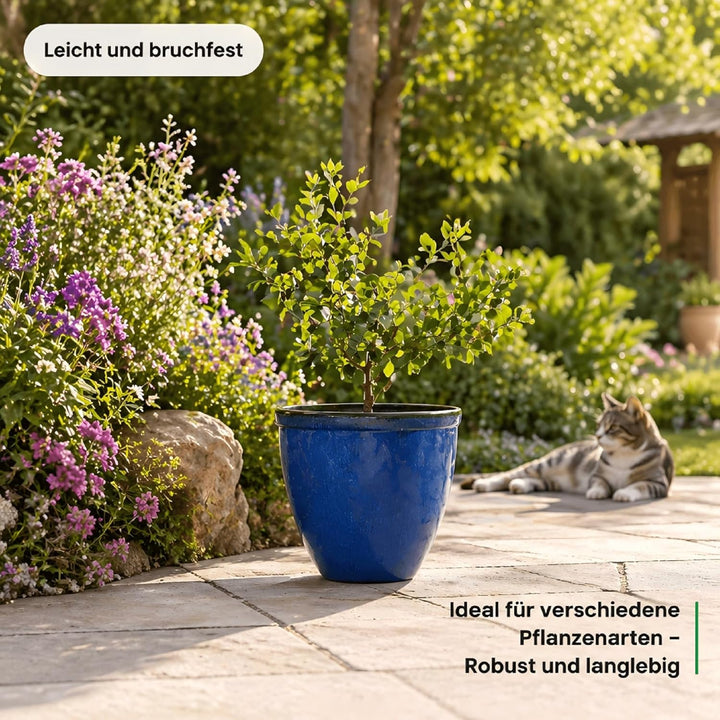 Jinfa Blumenkübel aus Kunststoff in glasierter Keramikoptik | Farbe: Jun Glasur blau | Design: Santo