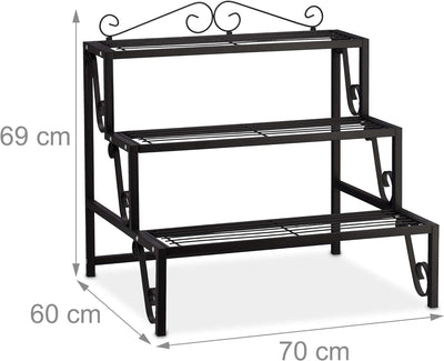 Relaxdays Blumentreppe Metall, 3 Stufen, Outdoor und Indoor, Pflanzentreppe mit Verzierung, HBT 69 x