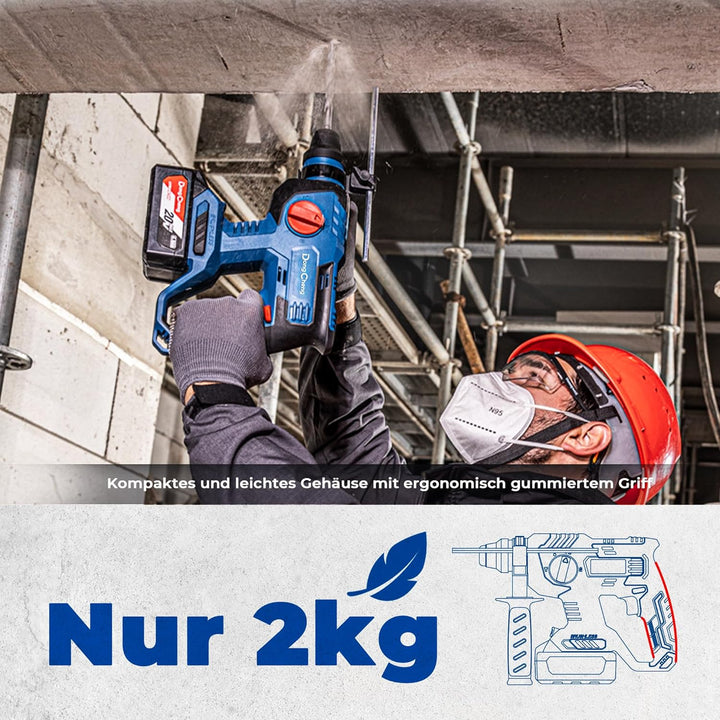 DongCheng Akku Bohrhammer 18V, Schlagenergie 2.1 J, mit 4 Stück SDS-plus, Bohren bis 28 mm, Bürstenl