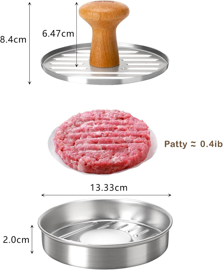Burgerpresse – Lebensmitteltaugliche Edelstahlpresse mit rutschfestem Holzgriff und 100 Antihaft-Pap