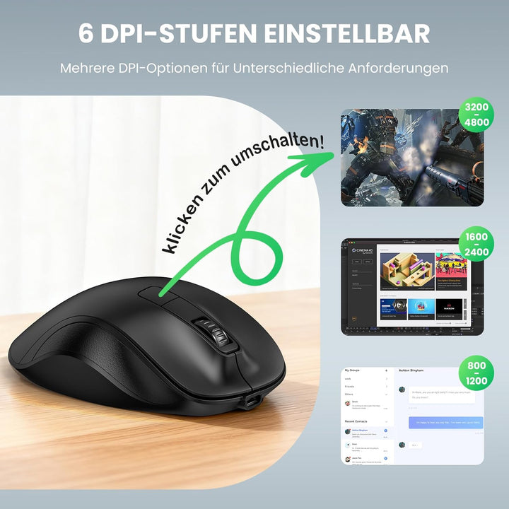TECKNET Maus Kabellos, Bluetooth Maus Aufladbar mit 3 Gerät (2*Bluetooth+USB), 4800DPI, 6 Tasten, Si