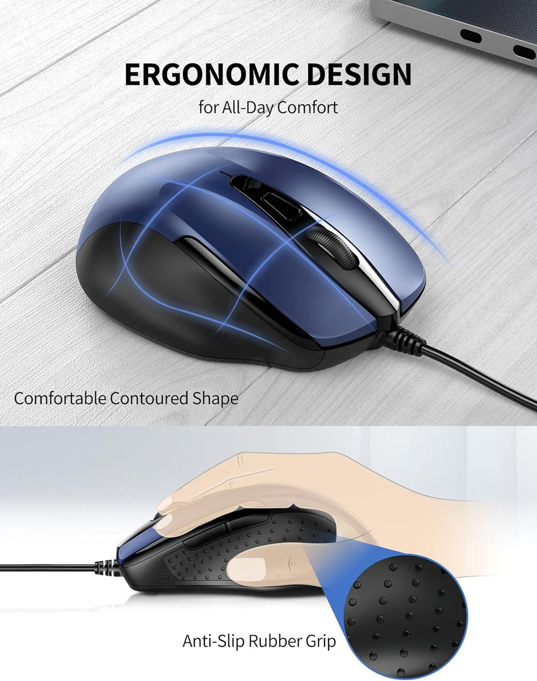 TECKNET Maus mit Kabel, Optical Business Mouse Verdrahtete Ergonomische Maus mit 6 Tasten, 2 Verstel