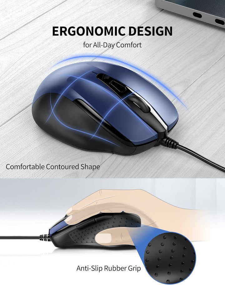 TECKNET Maus mit Kabel, Optical Business Mouse Verdrahtete Ergonomische Maus mit 6 Tasten, 2 Verstel