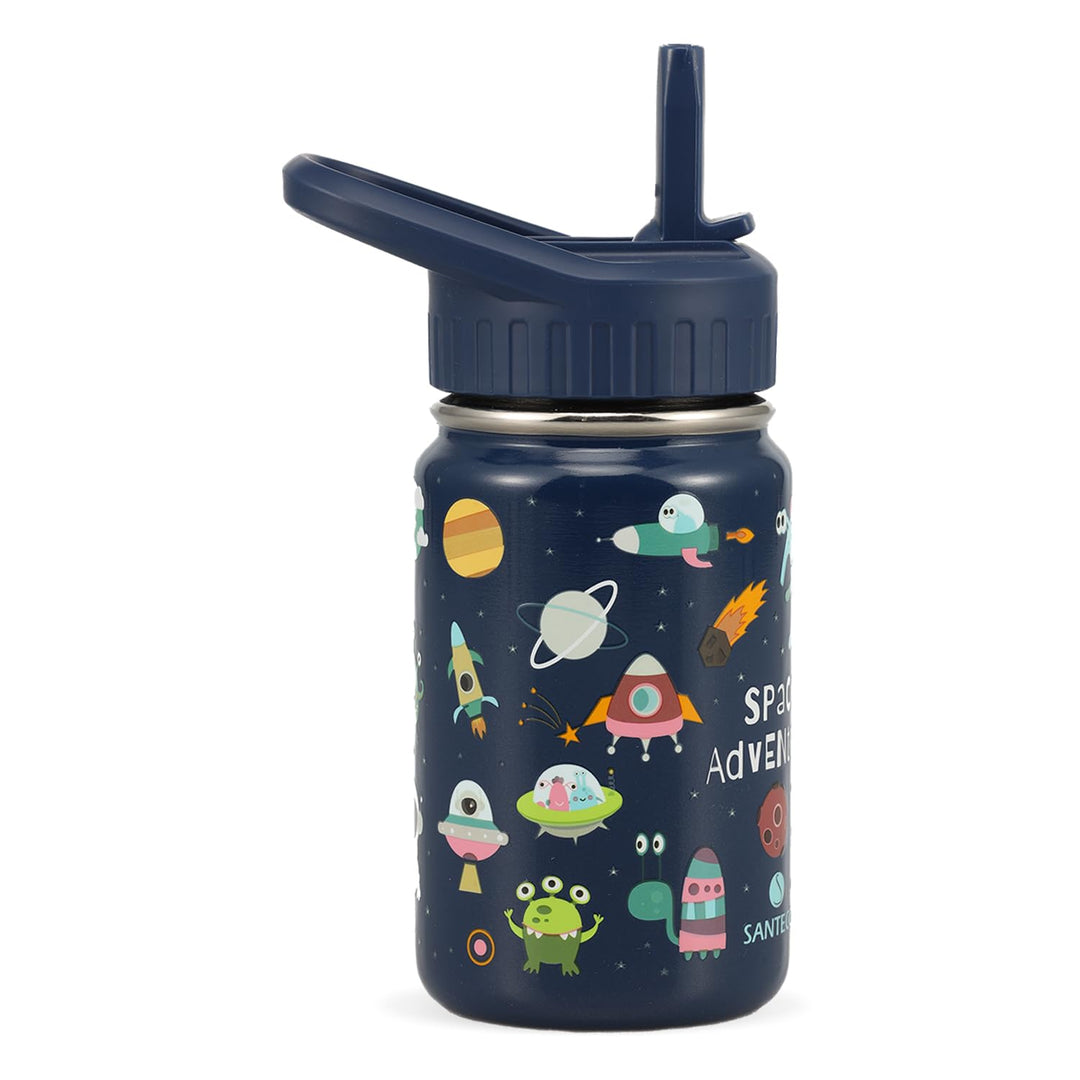 SANTECO Trinkflasche Kinder Edelstahl 350ml mit Strohhalm Auslaufsicher - Kinder Thermosflasche BPA-