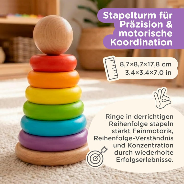 Nene Toys Montessori Holzspielzeug ab 1 Jahr – FSC 3-in-1 Regenbogen, Stapelturm & Sortier-Steckspie
