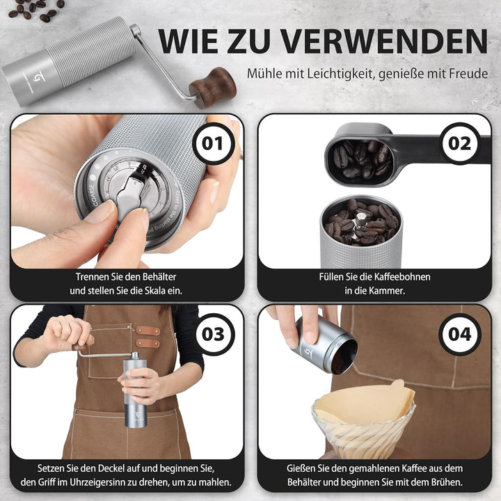 SUNYA Kaffeemühle Manuell mit Kaffeerezeptbuch - Edelstahl Handkaffeemühle mit Kegelmahlwerk Mahlgra