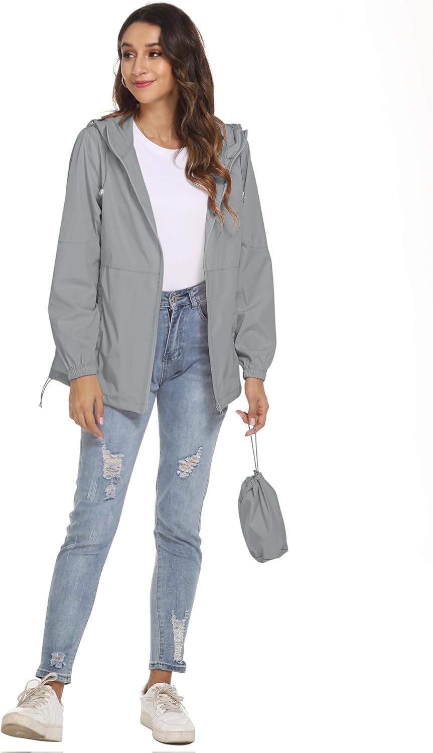 iWoo Regenjacke Damen Wasserdicht Atmungsaktiv Dünne Regenmantel Leichte Jacke Outdoorjacke Windbrea
