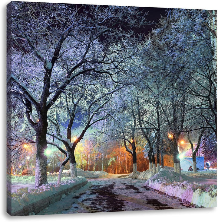 Baumallee im Winter, Format: 70x70 auf Leinwand, XXL riesige Bilder fertig gerahmt mit Keilrahmen, K