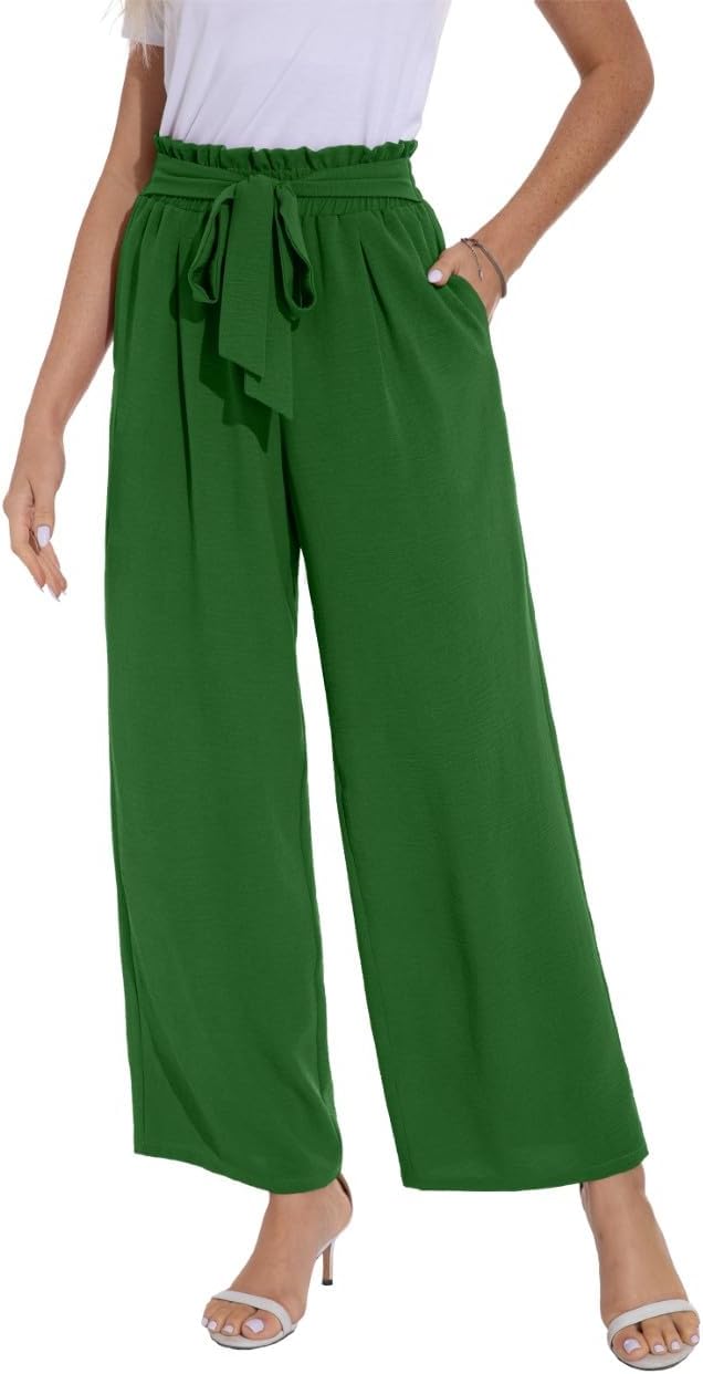 PrinStory Damen Hose Mit Weitem Bein Leichte Elastische Taille Sommer Hose Mit Taschen Kausale Arbei