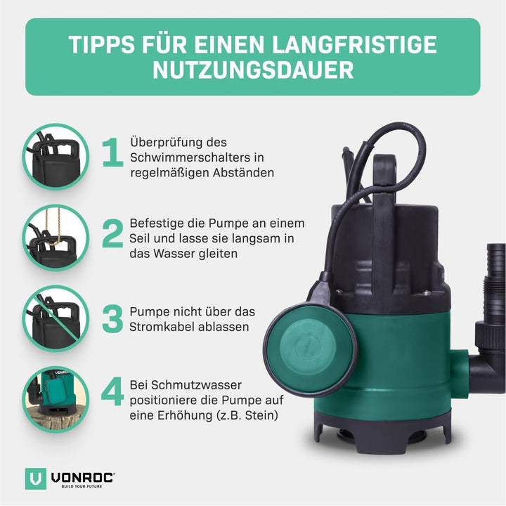 VONROC Tauchpumpe Schmutzwasserpumpe 400W - 8000l/h - Wasserpumpe Keller - Flachsaugend - Gartenpump