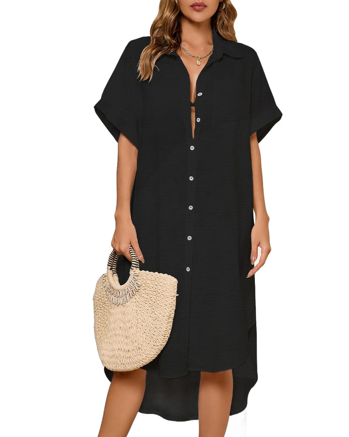 Bsubseach Frauen Button Down Shirt Badeanzug Cover Up Strand Coverup Bluse Tunika Kleid Schwarz M, S