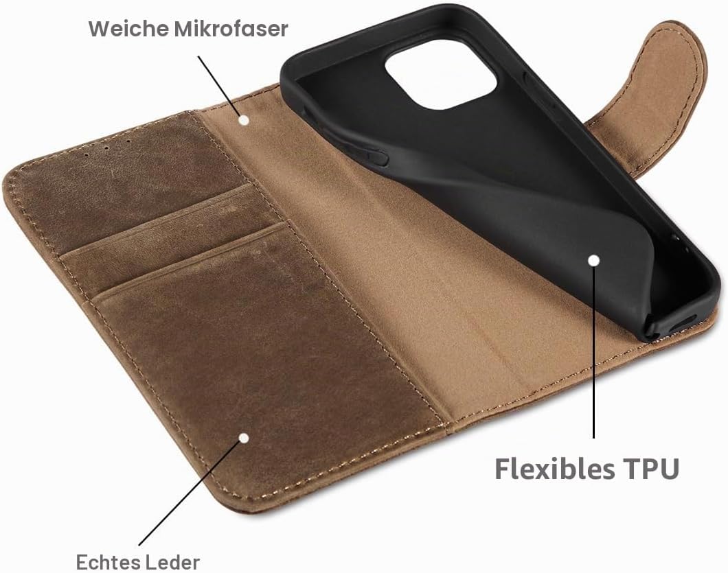 LENSUN Echtleder Hülle für iPhone 13 Mini, Handyhülle [Echtes Leder][Stand-Funktion][RFID Schutz] Ha