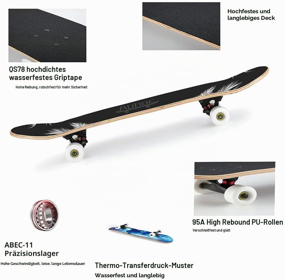 31-Zoll-Standard-Skateboard, 7 Lagen Ahorn-Board-Oberfläche, geeignet für Kinder, Jugendliche, Erwac