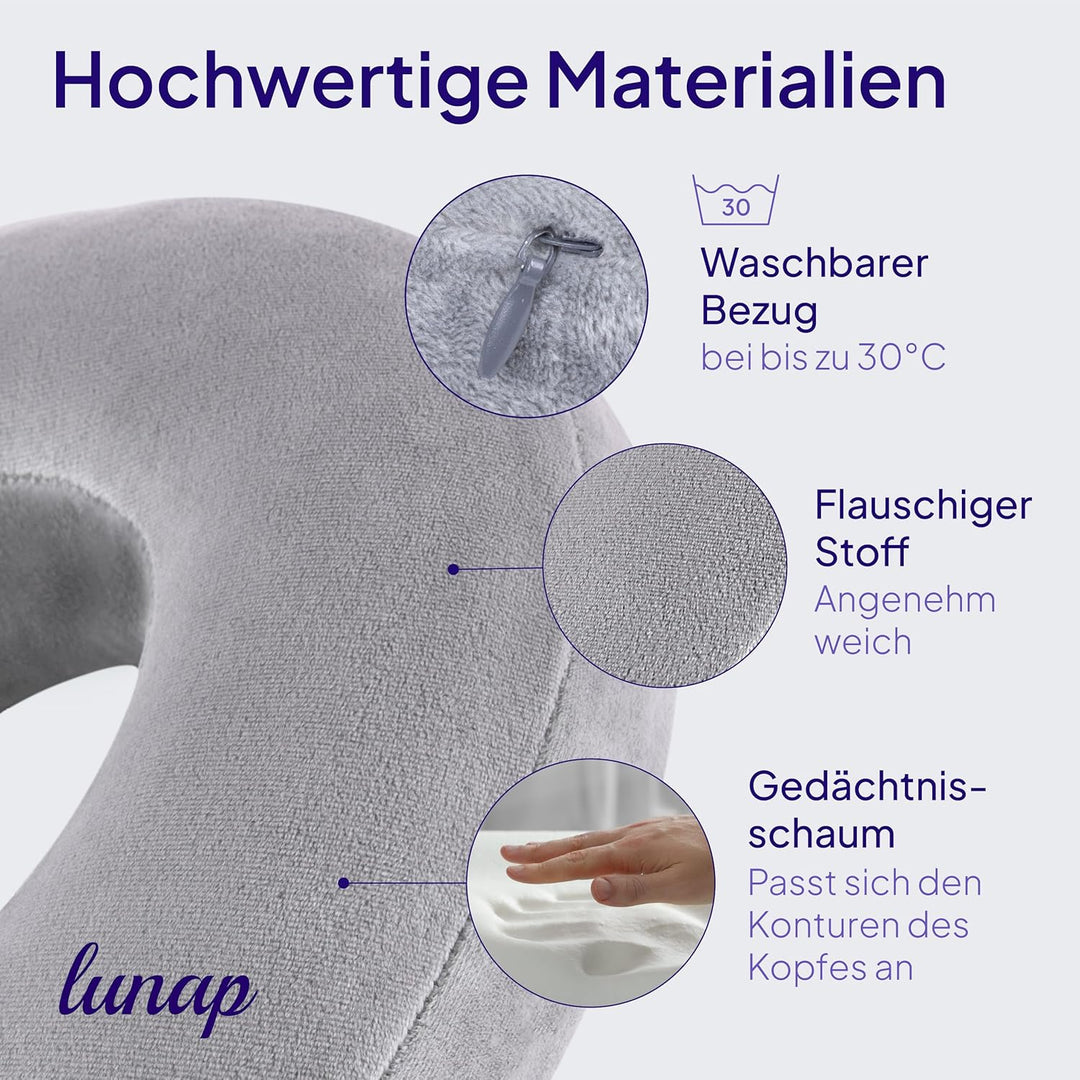 lunap Reisekissen Flugzeug | Nackenkissen Memory Foam flauschig + waschbar | Nackenhörnchen Erwachse
