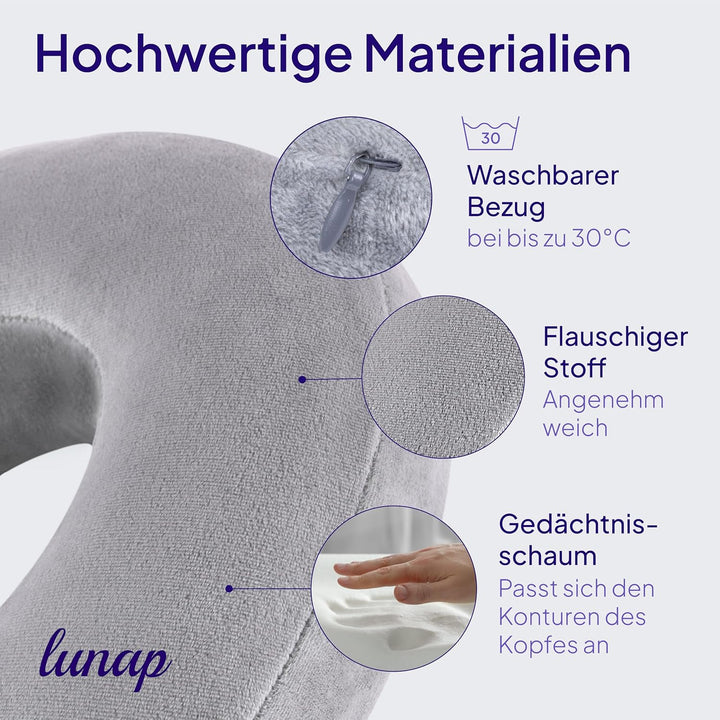 lunap Reisekissen Flugzeug | Nackenkissen Memory Foam flauschig + waschbar | Nackenhörnchen Erwachse