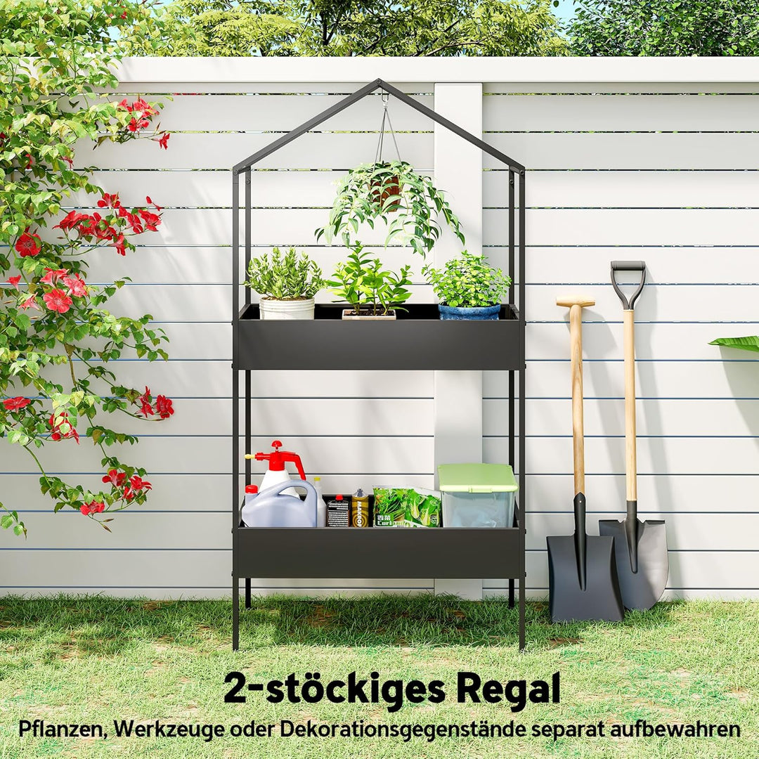 Outsunny 2-Etagen Pflanzenständer in Hausform, 150 cm hoch Blumenständer mit Haken, Metall Pflanzenr