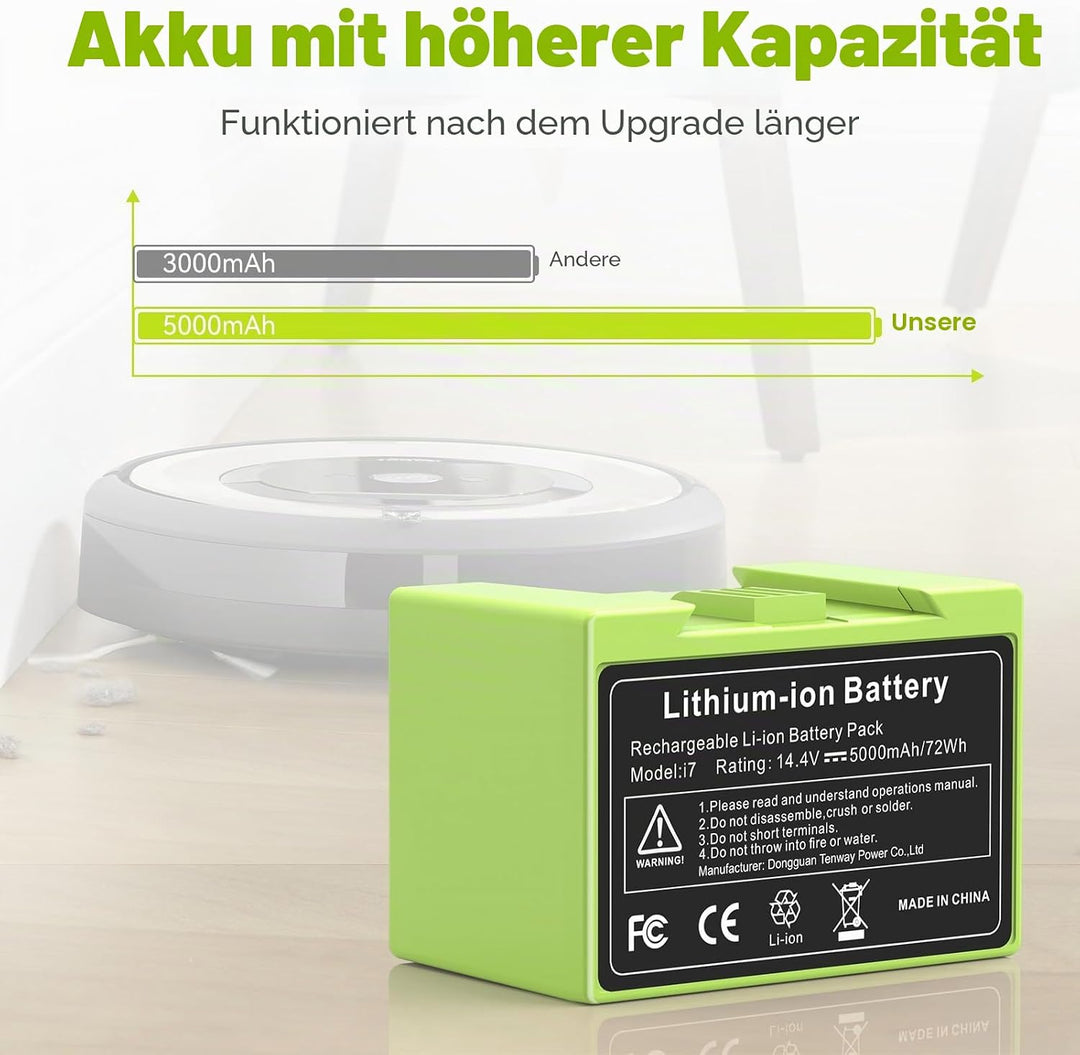 5000mAh Li-ion Akku für i7, ASUNCELL 14.4V Ersatzakku für iRobot Roomba e und i Serie i7 / i7+ i4/i4