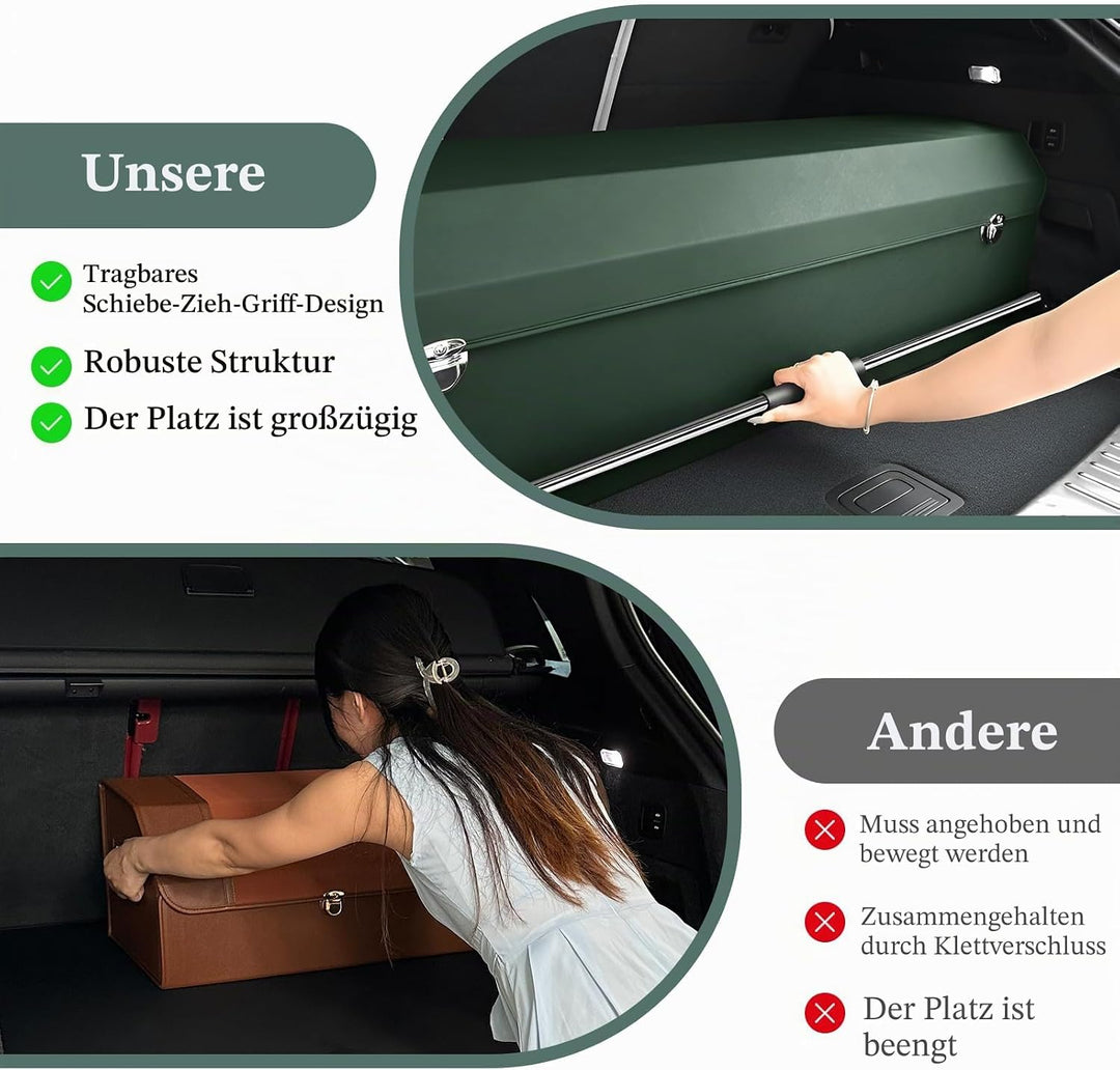 Kofferraum Organizer mit Deckel – Premium NAPPA-Leder, Tragbarer Push-Pull-Griff & Stabile Universal