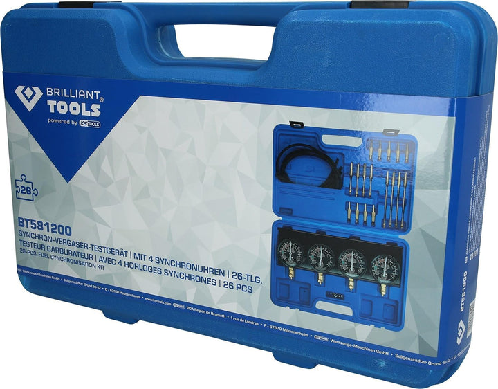 BRILLIANT TOOLS BT581200 Synchron-Vergaser-Testgerät | mit 4 Sync hronuhren | 26-tlg. [Powered by KS