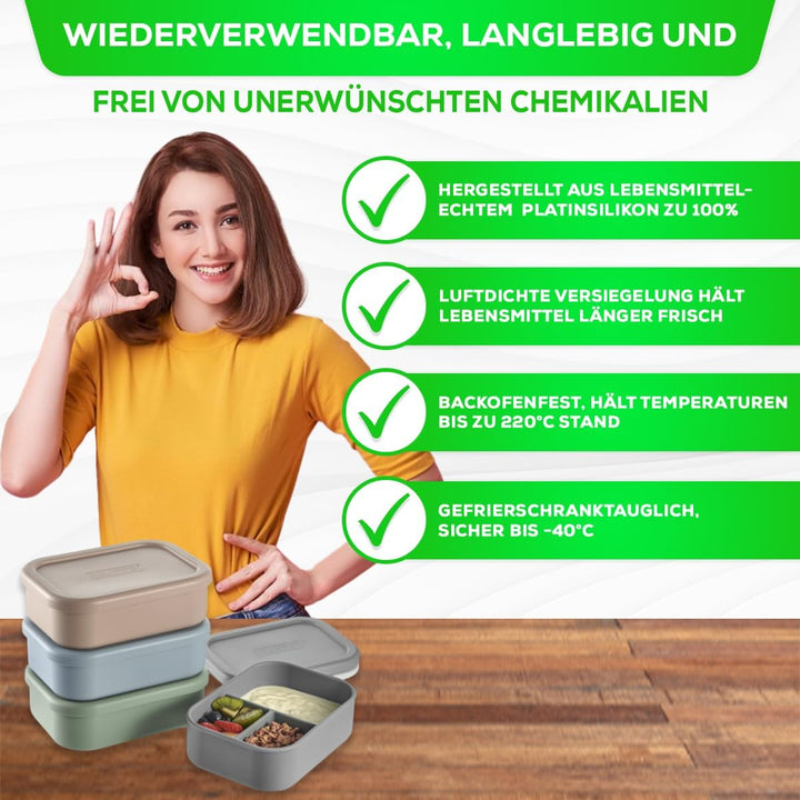 Lunchbox Large-4 Fächer Brotdose Vorratsdosen aus Platin Silikon reissfest, hitze-kältebeständig, au
