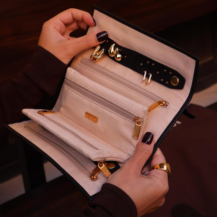 Time Resistance Schwarz Leder Schmuck Organizer – 100% Leder Schmuckrolle für Reisen Hergestellt in