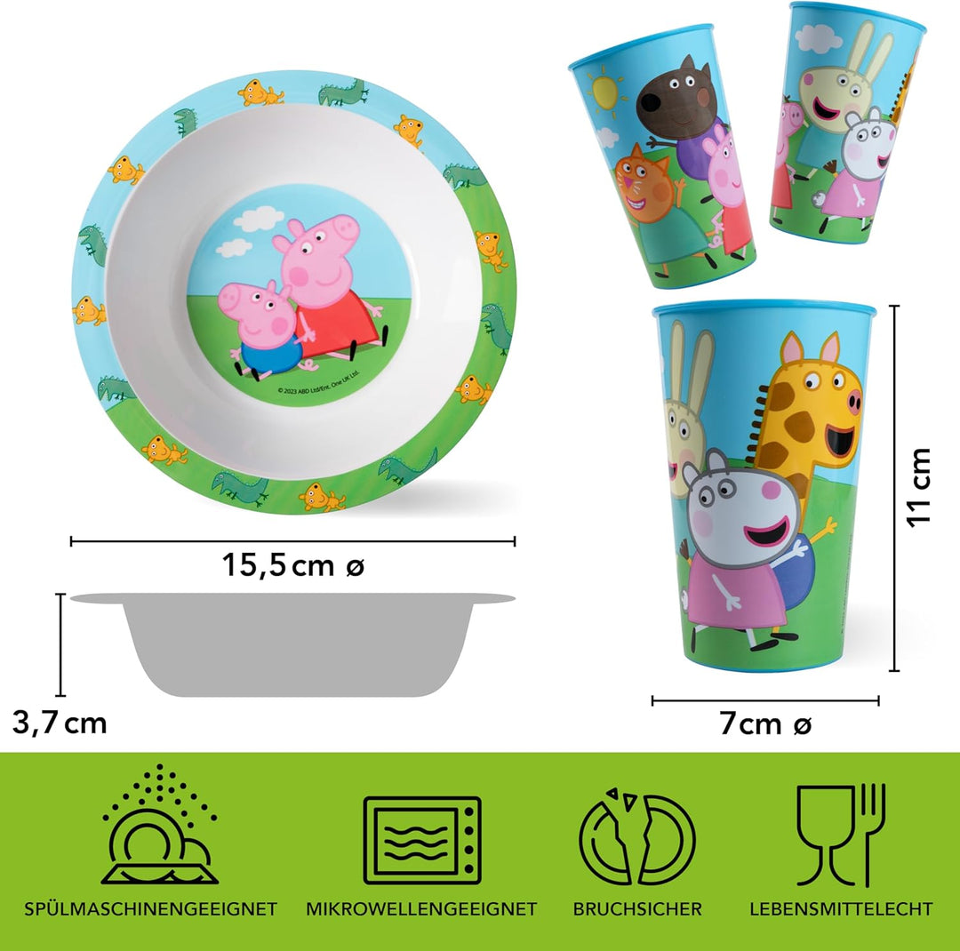 Peppa Wutz Kindergeschirr Set 3-teilig - Frühstücksset mit Teller, Schale und Becher - Kindergeschir