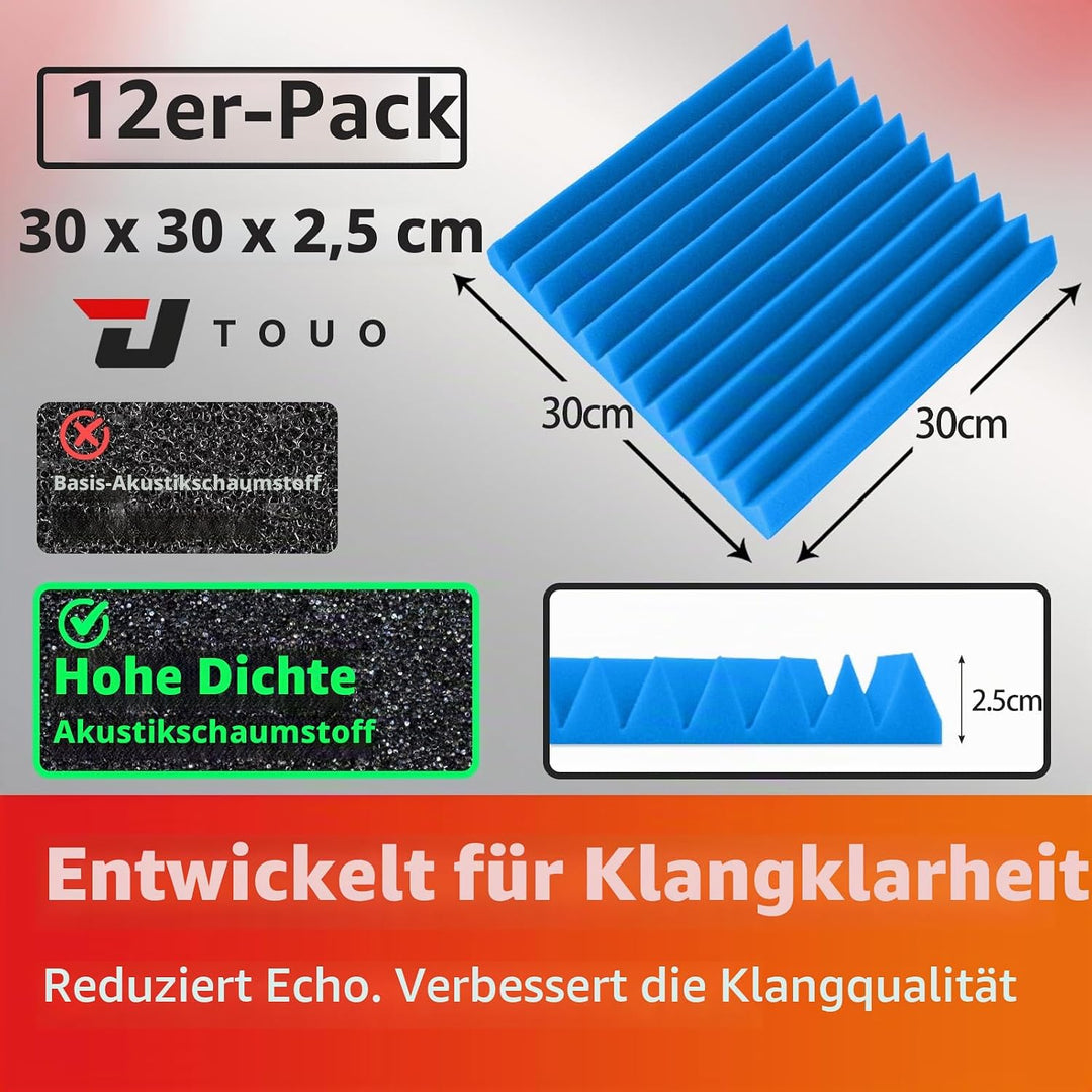 Akustikplatten, schalldichte Schaumstoffplatten für die Wand, 30,5 x 30,5 x 2,5 cm, schwer entflammb
