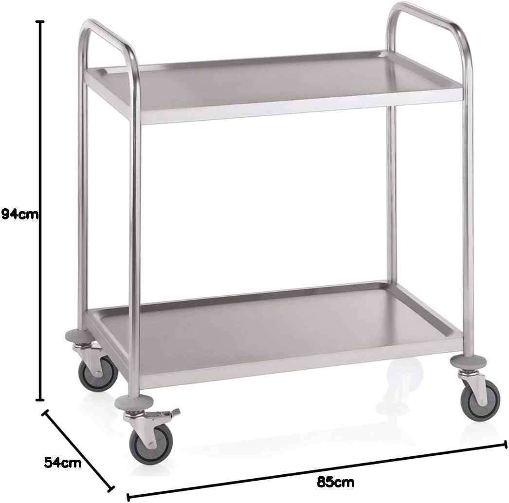WAS 1950 002 Edelstahl Servierwagen, 4 Schwenkbare Rollen mit Rammschutz, 2 Borde, 54.0cm Abstand, 8
