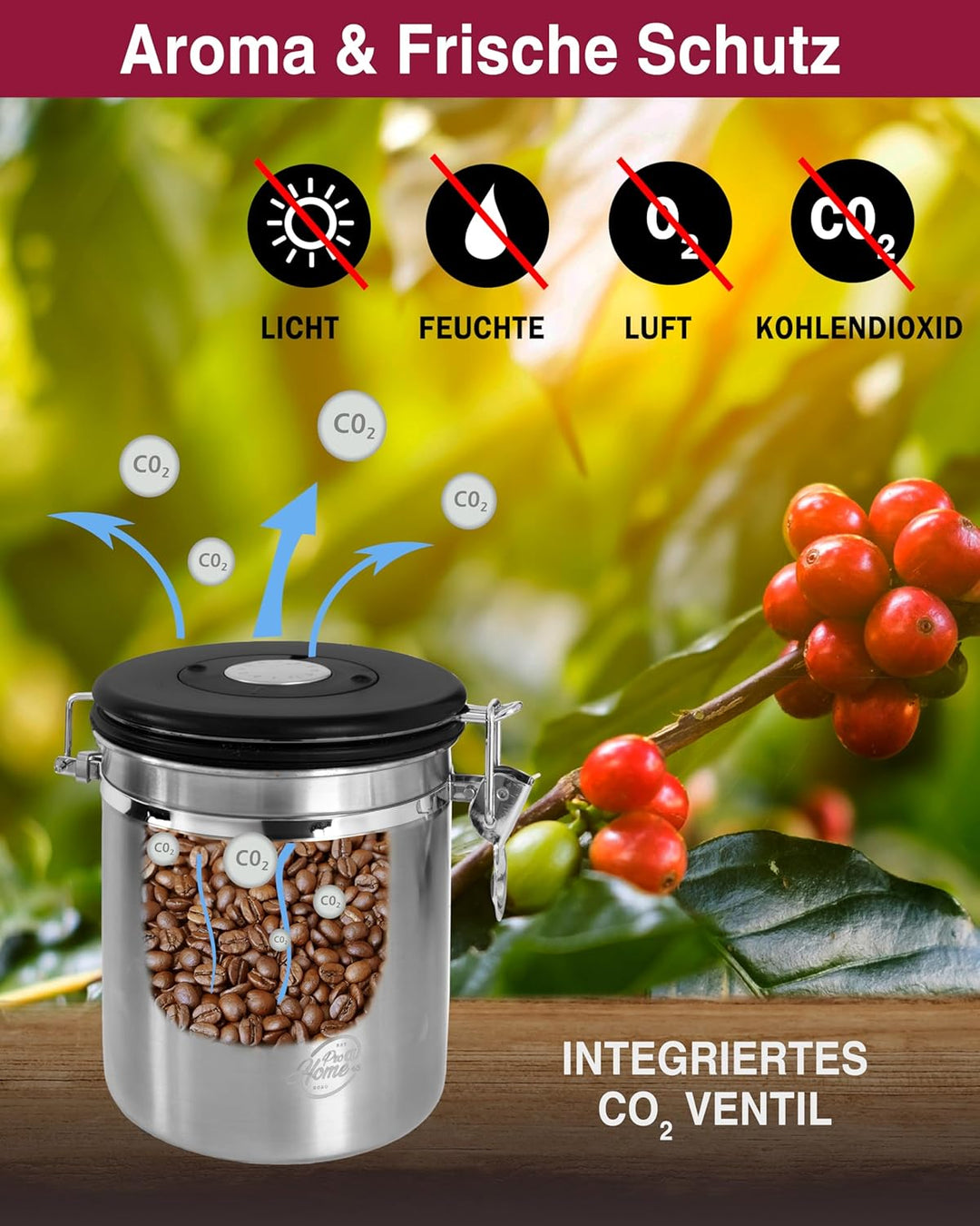 Kaffeedose luftdicht 500g - Silber - Kaffeebohnen Vorratsbehälter 1,5L aus Edelstahl mit Kalenderfun