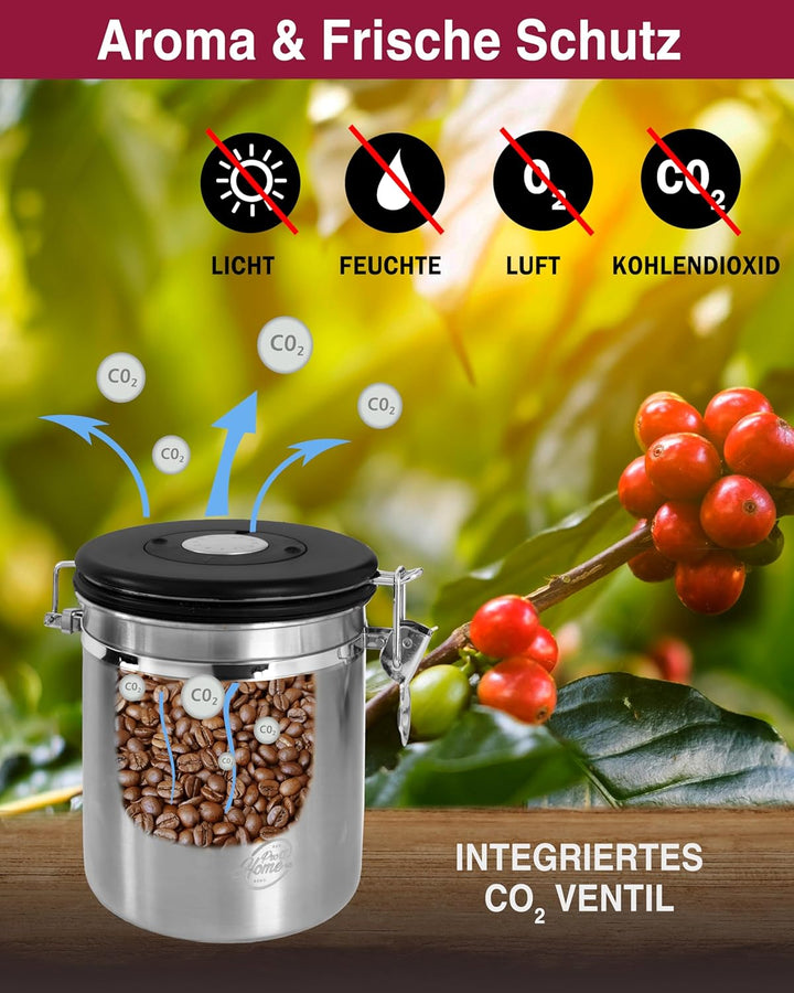Kaffeedose luftdicht 500g - Silber - Kaffeebohnen Vorratsbehälter 1,5L aus Edelstahl mit Kalenderfun