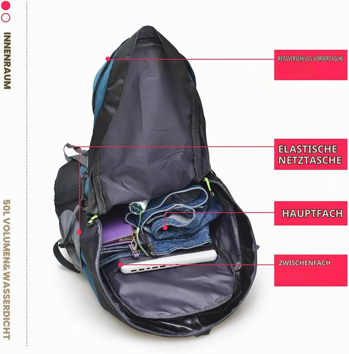 Bseash 50L Leichter wasserfester Wanderrucksack, Outdoor Sport Tagesrucksack Multifunktions Reisetas