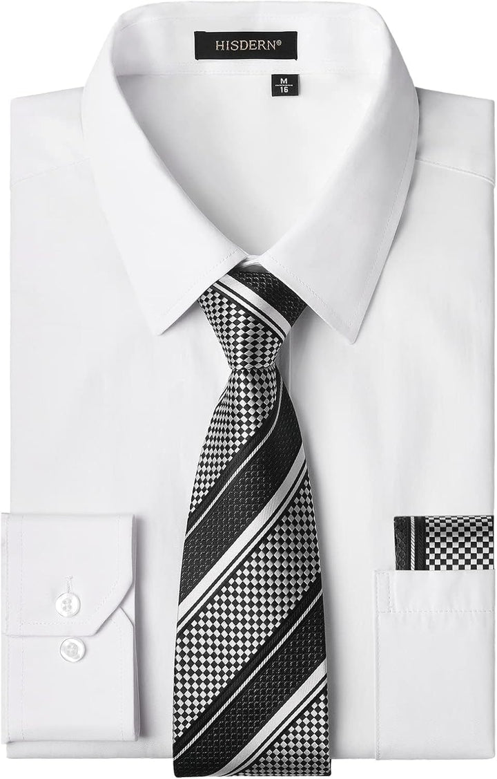 HISDERN Herren Hemd Langarm Einfarbige Hemden mit Krawatte und Taschentuch Formelle Businesshemd Hoc