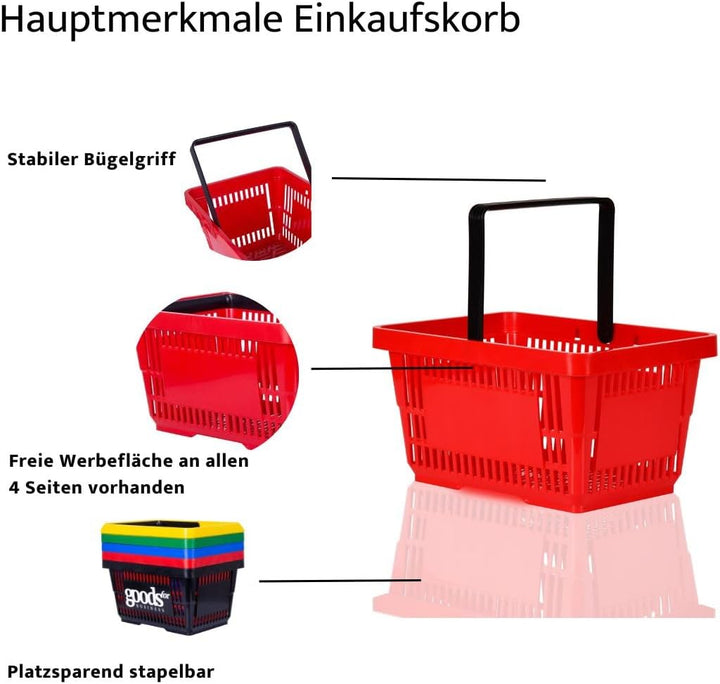 goodsforbusiness GmbH 10x Einkaufskorb rot 22l mit 1 Tragebügel Kunststoffkorb Körbe stapelbar | Tra