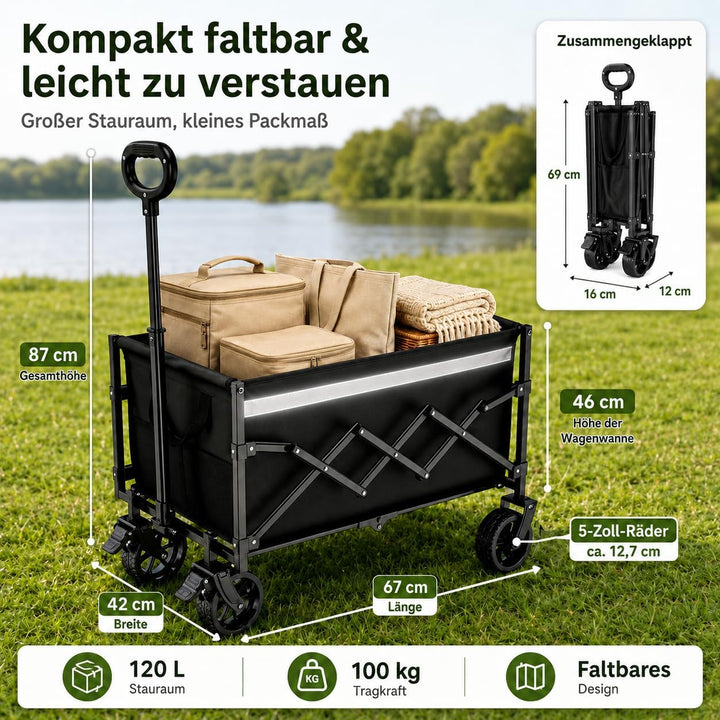 Faltbarer Bollerwagen mit Feststellbremse, 120L Grosser Strandwagen 100KG, Robuster Outdoor Transpor