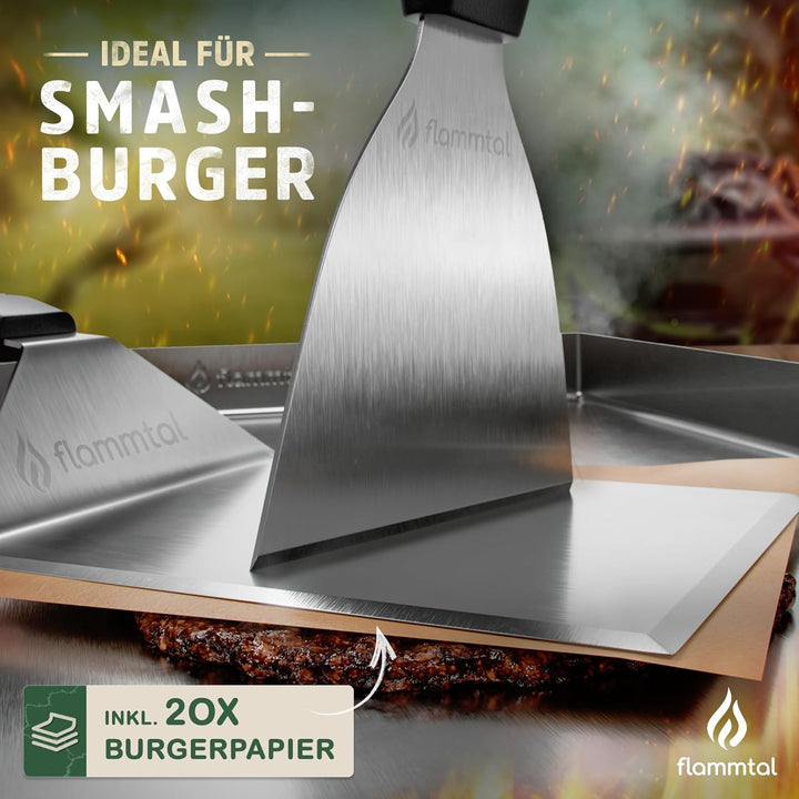 flammtal Grillspachtel Set aus Edelstahl - Hochwertiger Plancha Spachtel inkl. 20x Burgerpapier für