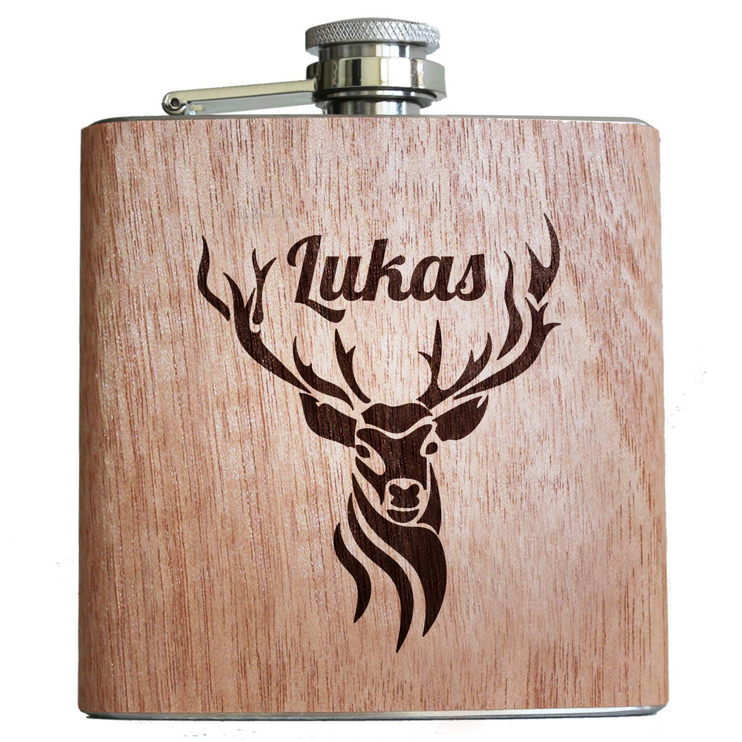 Hirsch Flachmann mit Gravur personalisiert! Männer Geschenk für Jäger. Holz Flachmann personalisierb