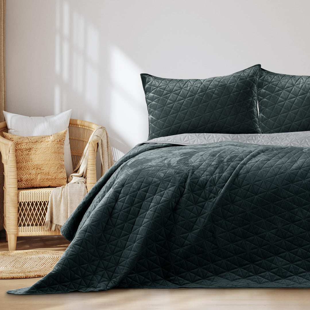 AmeliaHome Tagesdecke 170x270 cm Anthrazit Silber zweiseitig Steppung Velvet Samt Laila Laila Anthra