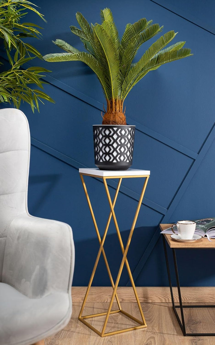 Pflanzenständer Metall 70 cm Hoch - Stabiler und Fester Blumenhocker mit Weiss MDF-Platte auf Gold S