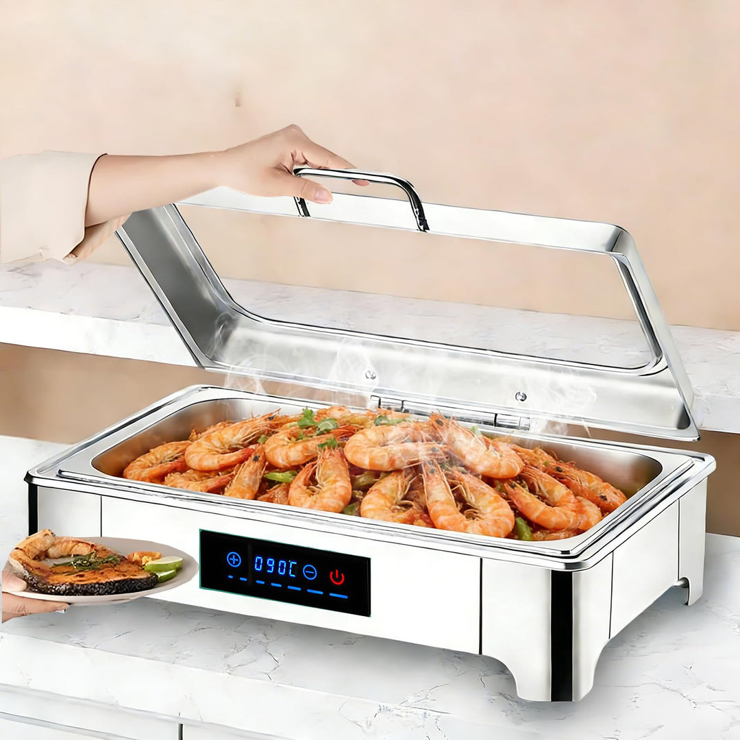 Elektrischer Chafing Dish Glasdeckel, 9L Edelstahl Speisewärmer Buffetwärmer Elektrisch Einstellbare