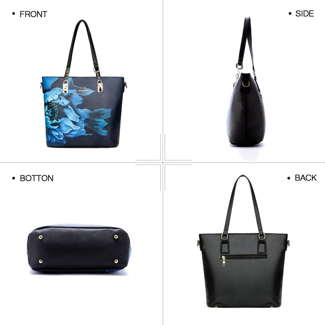 2E-youth Damen Set Tote Handtasche Umhängetasche Geldbörse Schwarz / Blau, Schwarz / Blau