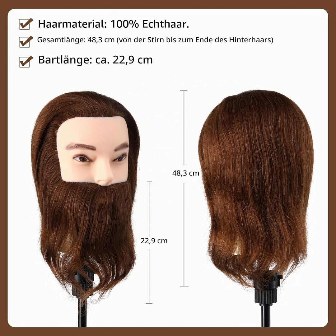 Mann Frisierkopf 100% Echthaar mit Bart Männlich Übungskopf Echthaar Friseur Kopf Puppenkopf Mannequ