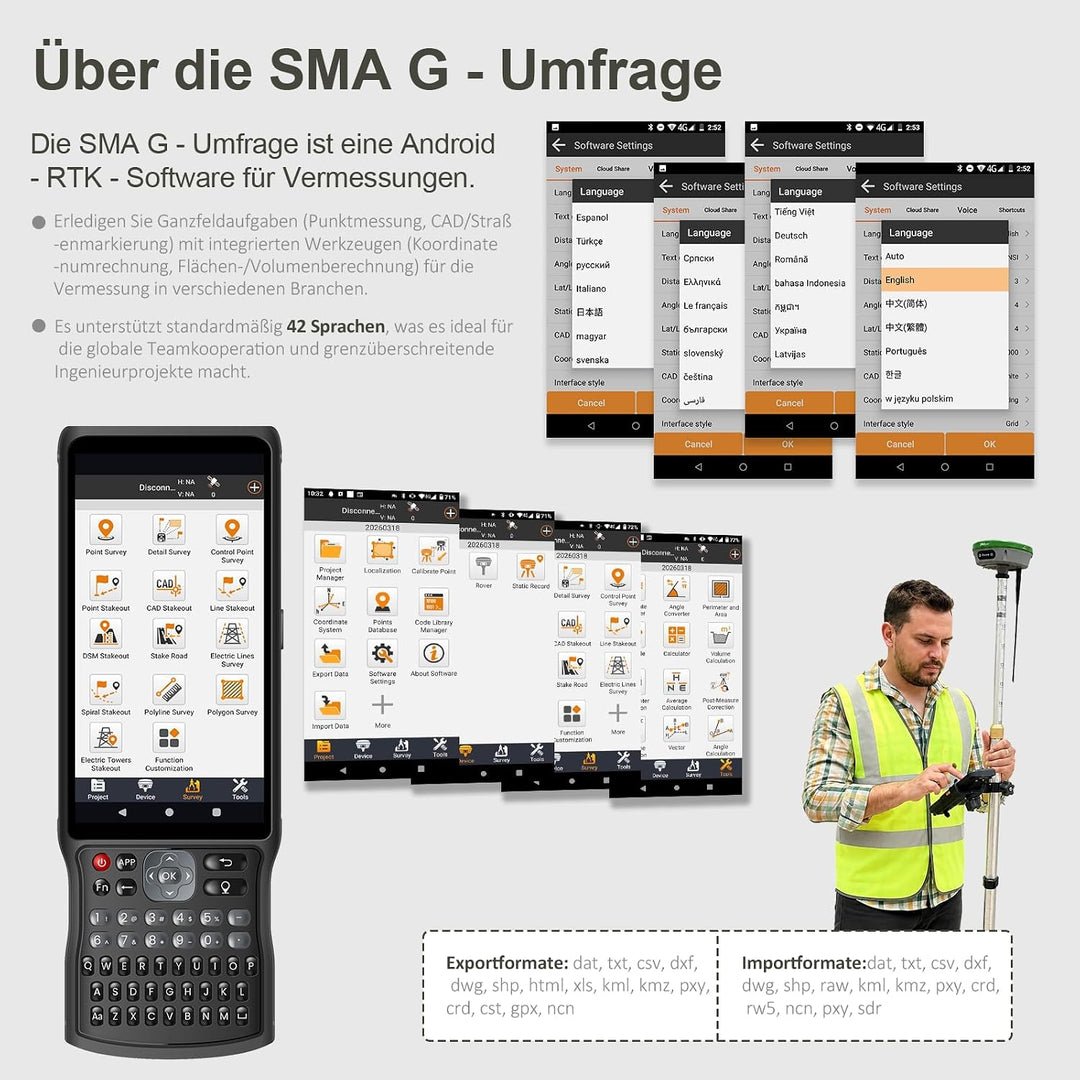 SMA26 Plus Rover&amp;Base RTK GNSS-Vermessungssystem mit Handheld-Sammler, Dual-GNSS-Empfänger, Neigungs