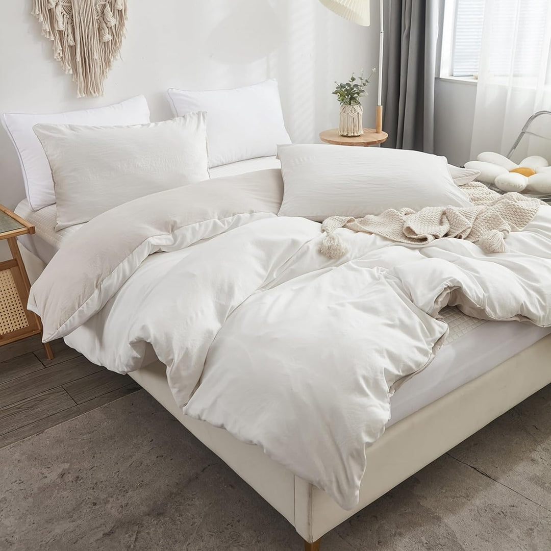 Freyamy Wendbar Bettwäsche 135x200cm 2teilig Weiss Beige Unifarben Uni Wendebettwäsche Gewaschene Mi