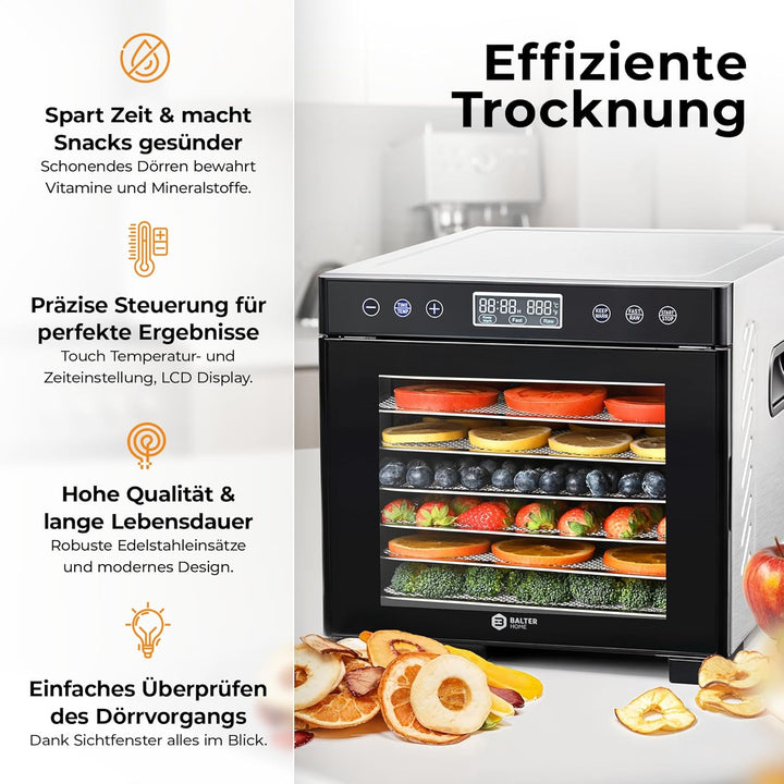 Balter Dörrautomat Edelstahl, Dörrgerät mit 7 Einlegefächern, BPA-frei, 600 W, 35°–75°C, Timer bis 4
