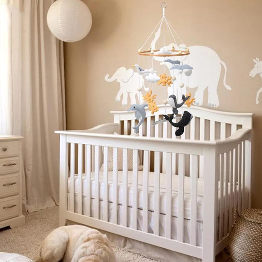 Meer Welt Mobile Baby Windspiele, 3D Delphine Walfisch Koralle Seevogel Mobile Baby Holz mit Filzbäl