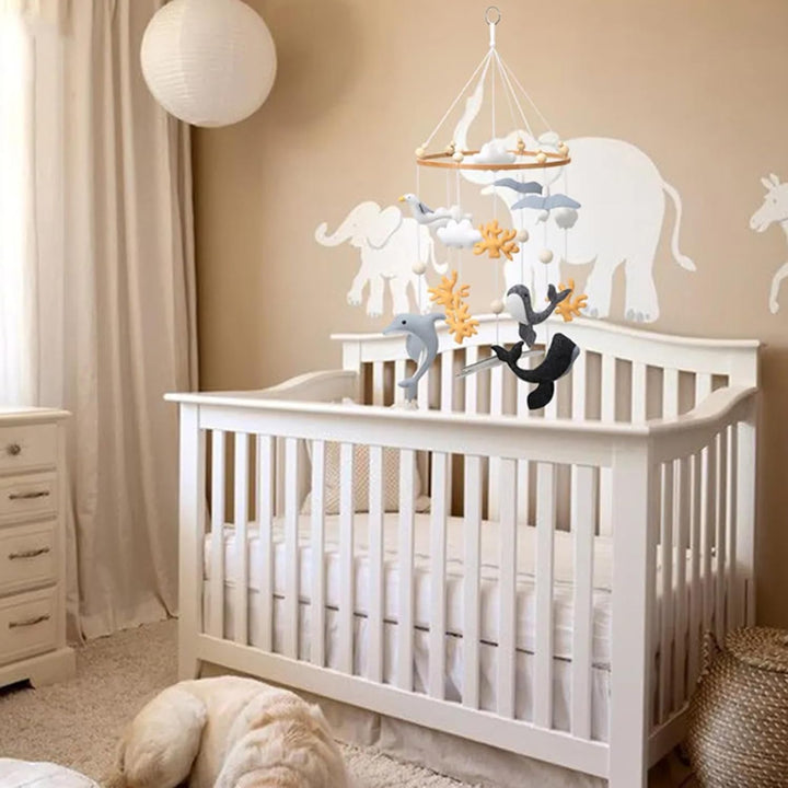 Meer Welt Mobile Baby Windspiele, 3D Delphine Walfisch Koralle Seevogel Mobile Baby Holz mit Filzbäl