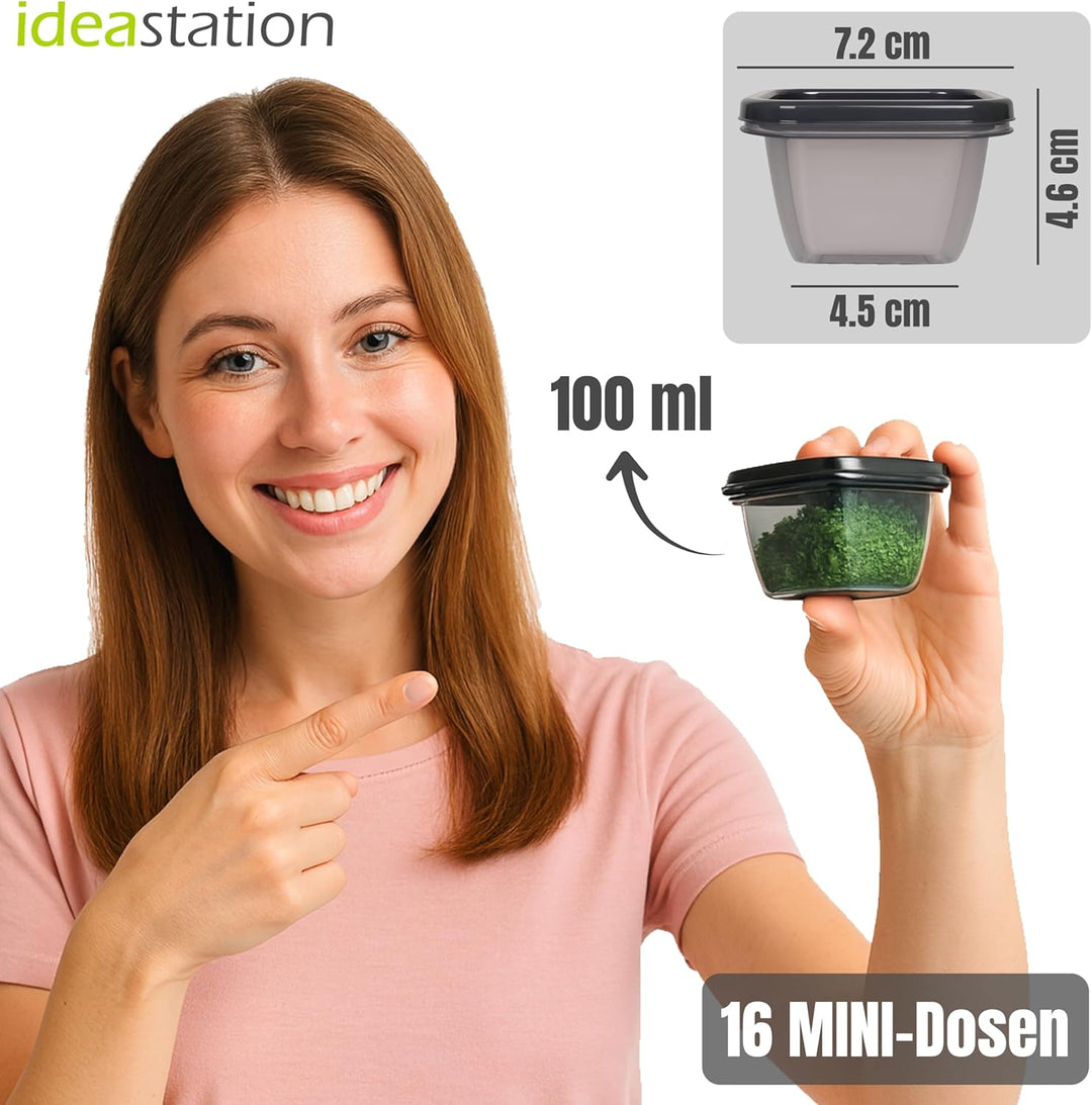 idea-station Gefrierdosen klein 16 x 100 ml - anthrazit - BPA-freie mini Vorratsdosen mit Deckel - b