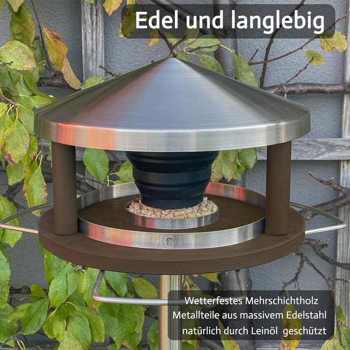 Vogelhaus mit Ständer wetterfest aus Edelstahl - Stabiles Vogelfutterhaus für draussen, modern aus M
